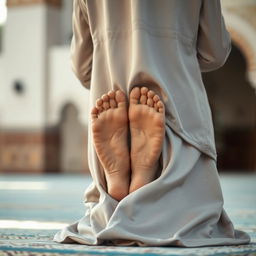 A Muslim woman in a peaceful prayer pose known as sujud, depicted from a back view