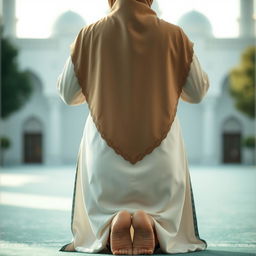 A Muslim woman in a peaceful prayer pose known as sujud, depicted from a back view