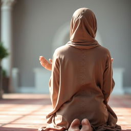 A Muslim woman in a peaceful prayer pose known as sujud, depicted from a back view