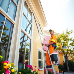 A cheerful window cleaner climbing a tall ladder outside a colorful row of houses