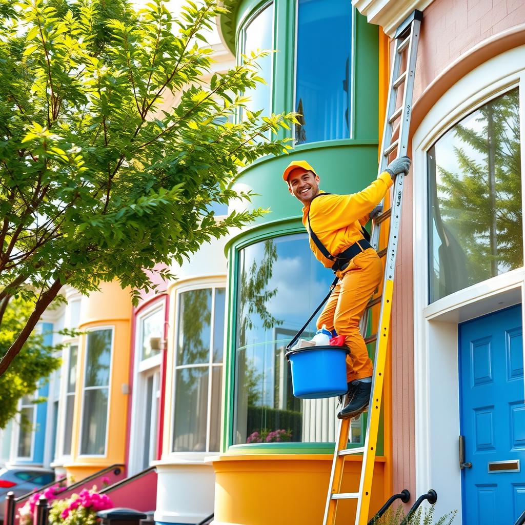 A cheerful window cleaner climbing a tall ladder outside a colorful row of houses