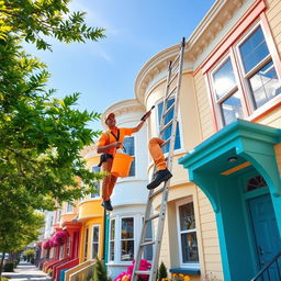 A cheerful window cleaner climbing a tall ladder outside a colorful row of houses