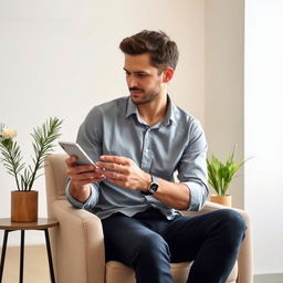 A man sitting on a chair in a room, actively working with his mobile phone and teaching