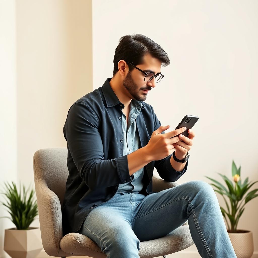 A man sitting on a chair in a room, actively working with his mobile phone and teaching