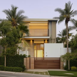 A two-story, minimalist designed house occupying a 40/60 area filled with five bedrooms, three of which are expansive master bedrooms with walk-in-wardrobes, modern bathrooms, a utility space, a sleek kitchen, an office area, each floor showcasing sit-out spaces, surrounded by a lovely garden.