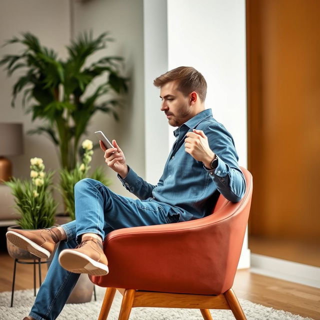 A man sitting on a chair in a room, actively working with his mobile phone and teaching