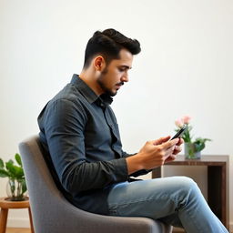 A man sitting on a chair in a room, actively working with his mobile phone and teaching