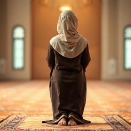 A serene scene depicting a woman performing namaz (prayer) in a traditional attire, captured from the back