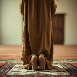 A serene scene depicting a woman performing namaz (prayer) in a traditional attire, captured from the back
