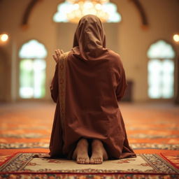 A serene scene depicting a woman performing namaz (prayer) in a traditional attire, captured from the back