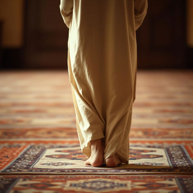 A serene scene depicting a woman performing namaz (prayer) in a traditional attire, captured from the back