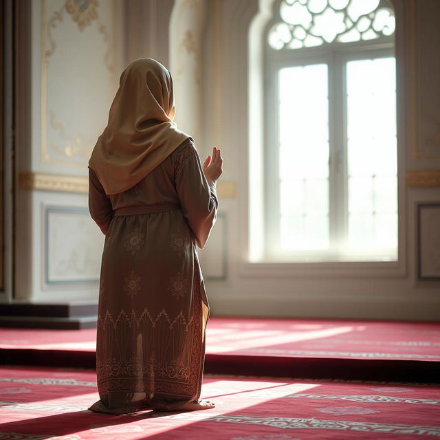 A serene and peaceful scene depicting a woman performing Namaz (Islamic prayer) from a rear view