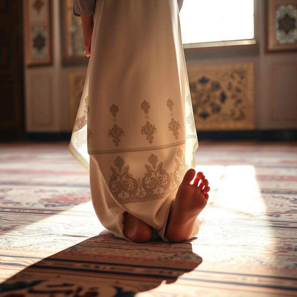 A serene and peaceful scene depicting a woman performing Namaz (Islamic prayer) from a rear view