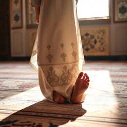 A serene and peaceful scene depicting a woman performing Namaz (Islamic prayer) from a rear view