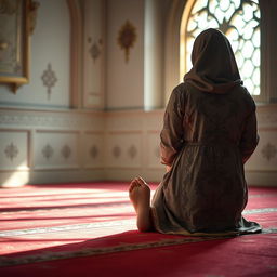 A serene and peaceful scene depicting a woman performing Namaz (Islamic prayer) from a rear view