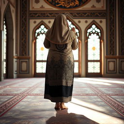 A serene and peaceful scene depicting a woman performing Namaz (Islamic prayer) from a rear view