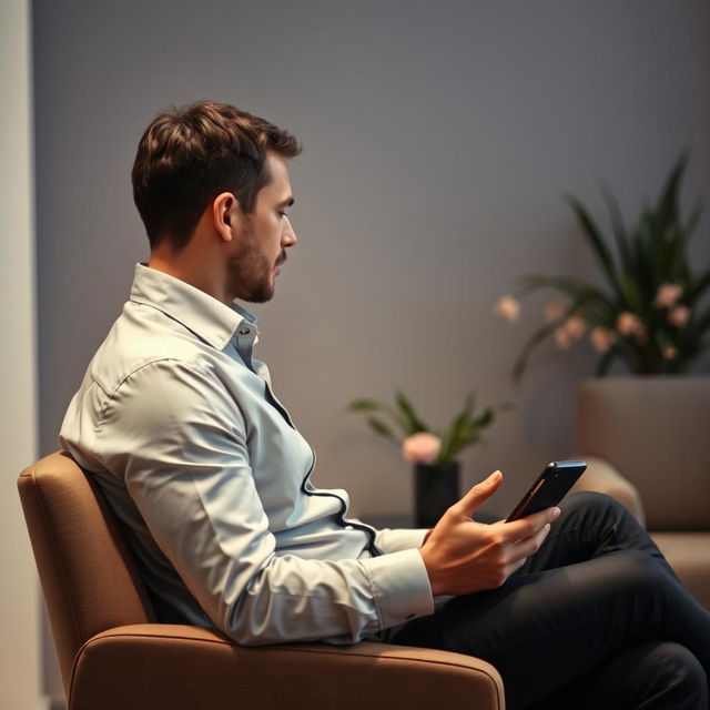 A man sitting on a chair in a room, actively engaged in a consultation while working with his mobile phone