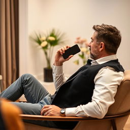 A man sitting on a chair in a room, actively engaged in a consultation while working with his mobile phone