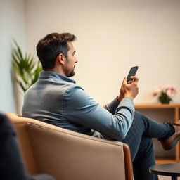 A man sitting on a chair in a room, actively engaged in a consultation while working with his mobile phone