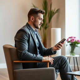 A man sitting on a chair in a room, actively engaged in a consultation while working with his mobile phone