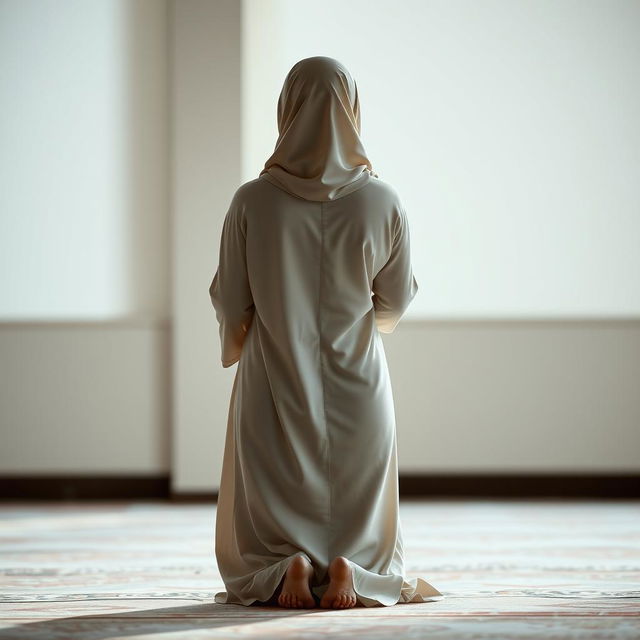 A serene and prayerful scene depicting a woman performing namaz seen from behind