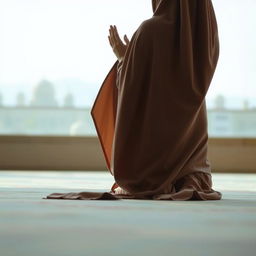 A serene and prayerful scene depicting a woman performing namaz seen from behind