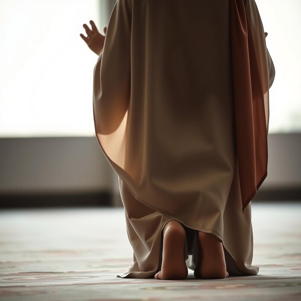 A serene and prayerful scene depicting a woman performing namaz seen from behind