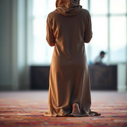 A serene and prayerful scene depicting a woman performing namaz seen from behind