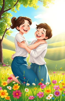 A heartwarming scene capturing a mother and her son sharing a moment of love and affection in a beautiful natural setting