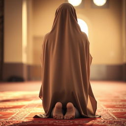 A woman in the midst of performing Namaz (prayer), seen from behind