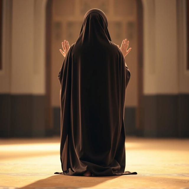 A woman in the midst of performing Namaz (prayer), seen from behind