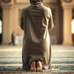 A woman in the midst of performing Namaz (prayer), seen from behind