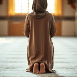 A woman in the midst of performing Namaz (prayer), seen from behind