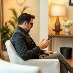 A man sitting on a chair in a well-decorated room, deeply engaged in a consultation while working with his mobile phone