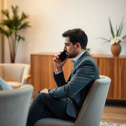 A man sitting on a chair in a well-decorated room, deeply engaged in a consultation while working with his mobile phone