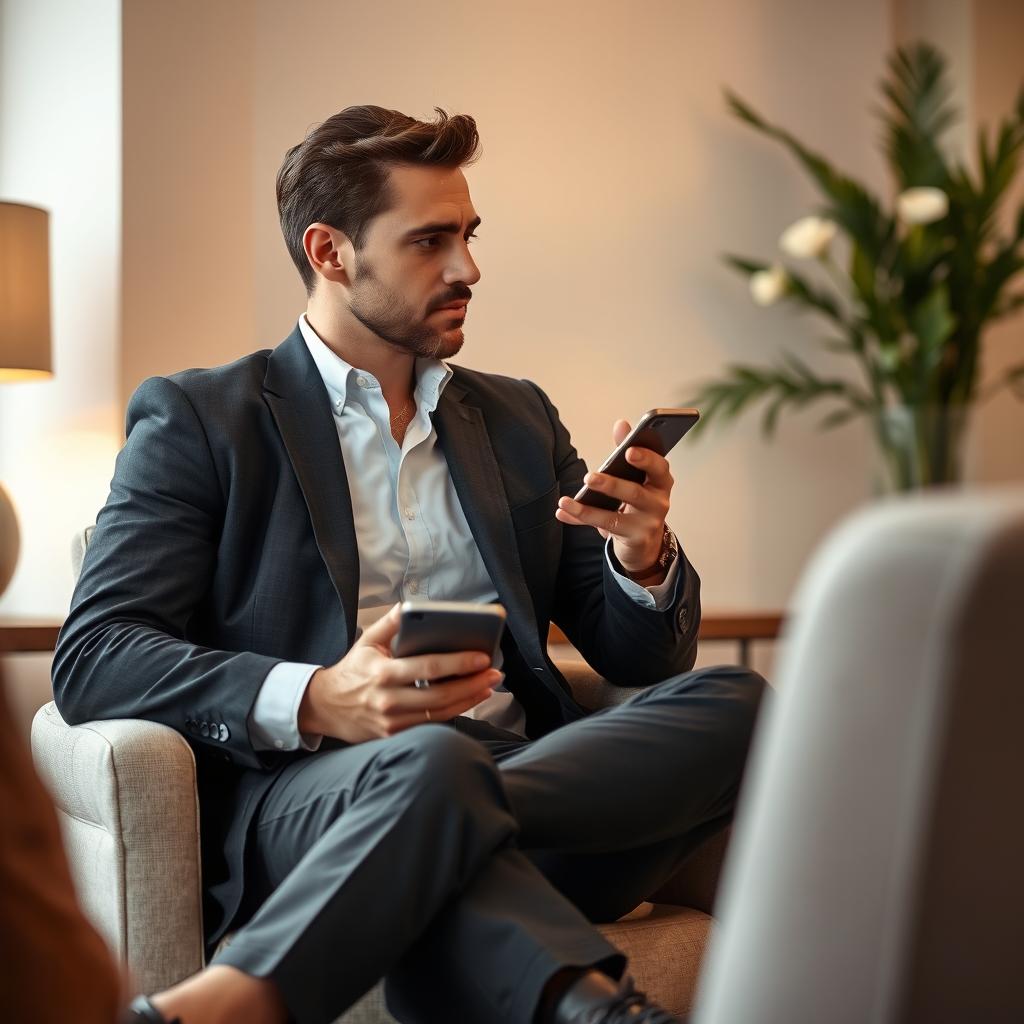 A man sitting on a chair in a well-decorated room, deeply engaged in a consultation while working with his mobile phone