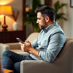 A man sitting on a chair in a well-decorated room, deeply engaged in a consultation while working with his mobile phone
