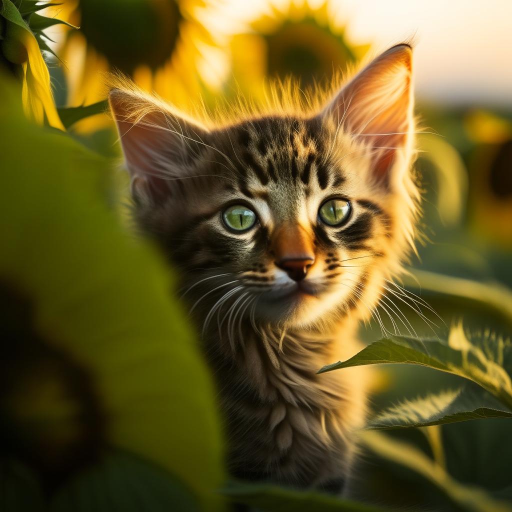 An adorable tabby kitten with piercing green eyes sheltered in a patch of sunflowers.