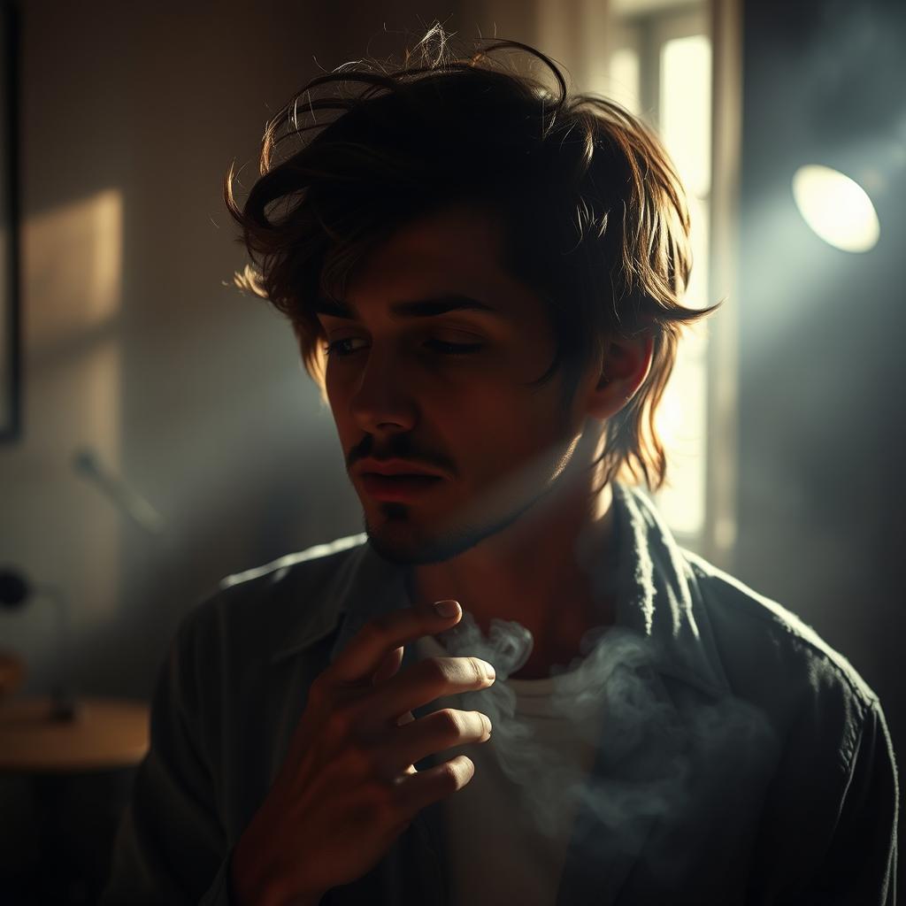 A melancholic singer, lost in thought, smoking a cigarette in a dimly lit room