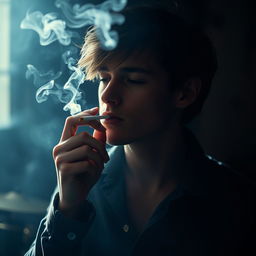 A melancholic singer, lost in thought, smoking a cigarette in a dimly lit room