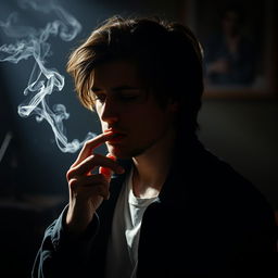 A melancholic singer, lost in thought, smoking a cigarette in a dimly lit room