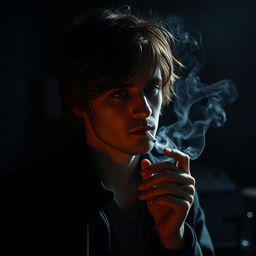 A melancholic singer, lost in thought, smoking a cigarette in a dimly lit room