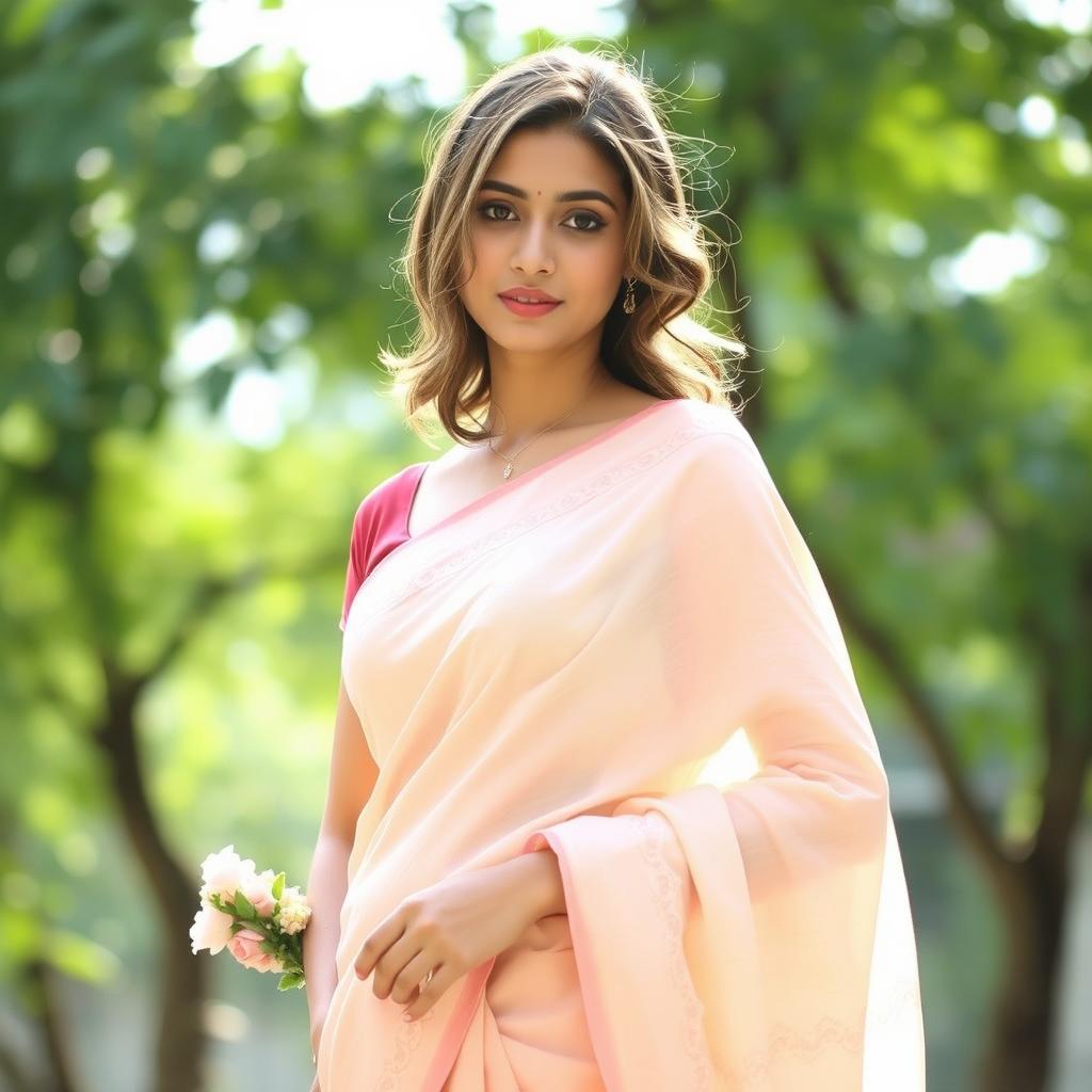 A young woman gracefully draped in a simple yet elegant saree, showcasing her beauty