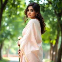 A young woman gracefully draped in a simple yet elegant saree, showcasing her beauty