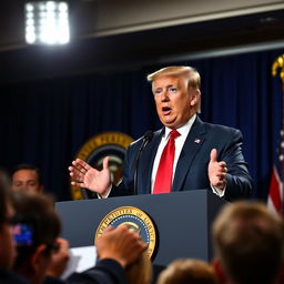 A charismatic Donald Trump standing at a podium during a press conference, passionately discussing TikTok