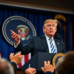 A charismatic Donald Trump standing at a podium during a press conference, passionately discussing TikTok