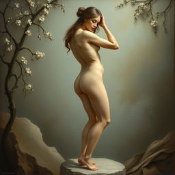 a detailed artistic depiction of a nude figure, emphasizing graceful poses and soft lighting, showcasing the natural beauty of the human form with elegant curves and smooth skin, surrounded by a tranquil and serene environment, capturing the essence of human anatomy in a respectful way