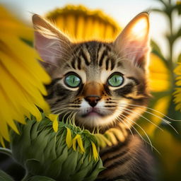 An adorable tabby kitten with piercing green eyes sheltered in a patch of sunflowers.