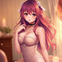 A stunningly beautiful anime girl wearing delicate lingerie, with vibrant, flowing hair and large expressive eyes