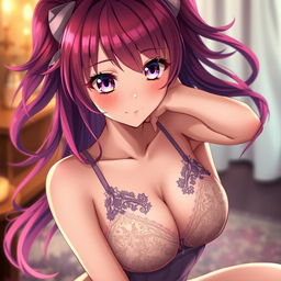 A stunningly beautiful anime girl wearing delicate lingerie, with vibrant, flowing hair and large expressive eyes